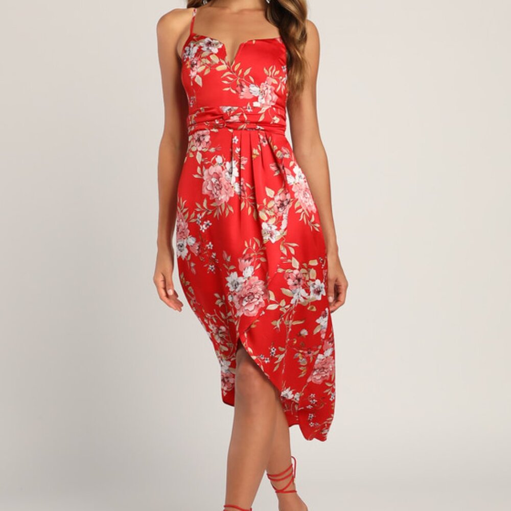 Lulus My Favorite Day Red Floral Print Tulip Skirt Midi Dress Size XS